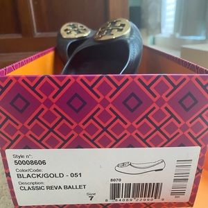 Tory Burch Black and Gold Reva Flat